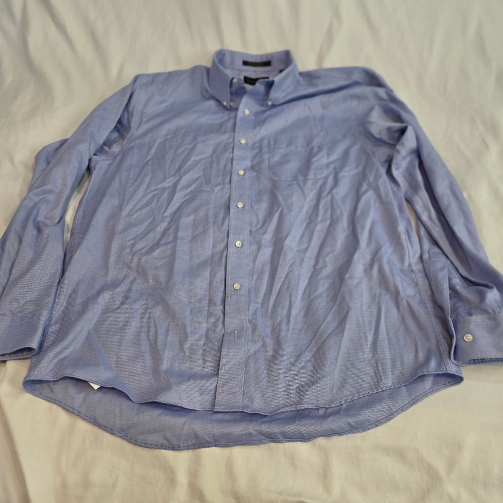 Allen Edmonds Button Down Shirt Mens XXL Blue Wrinkle Free Cotton Excellent Long